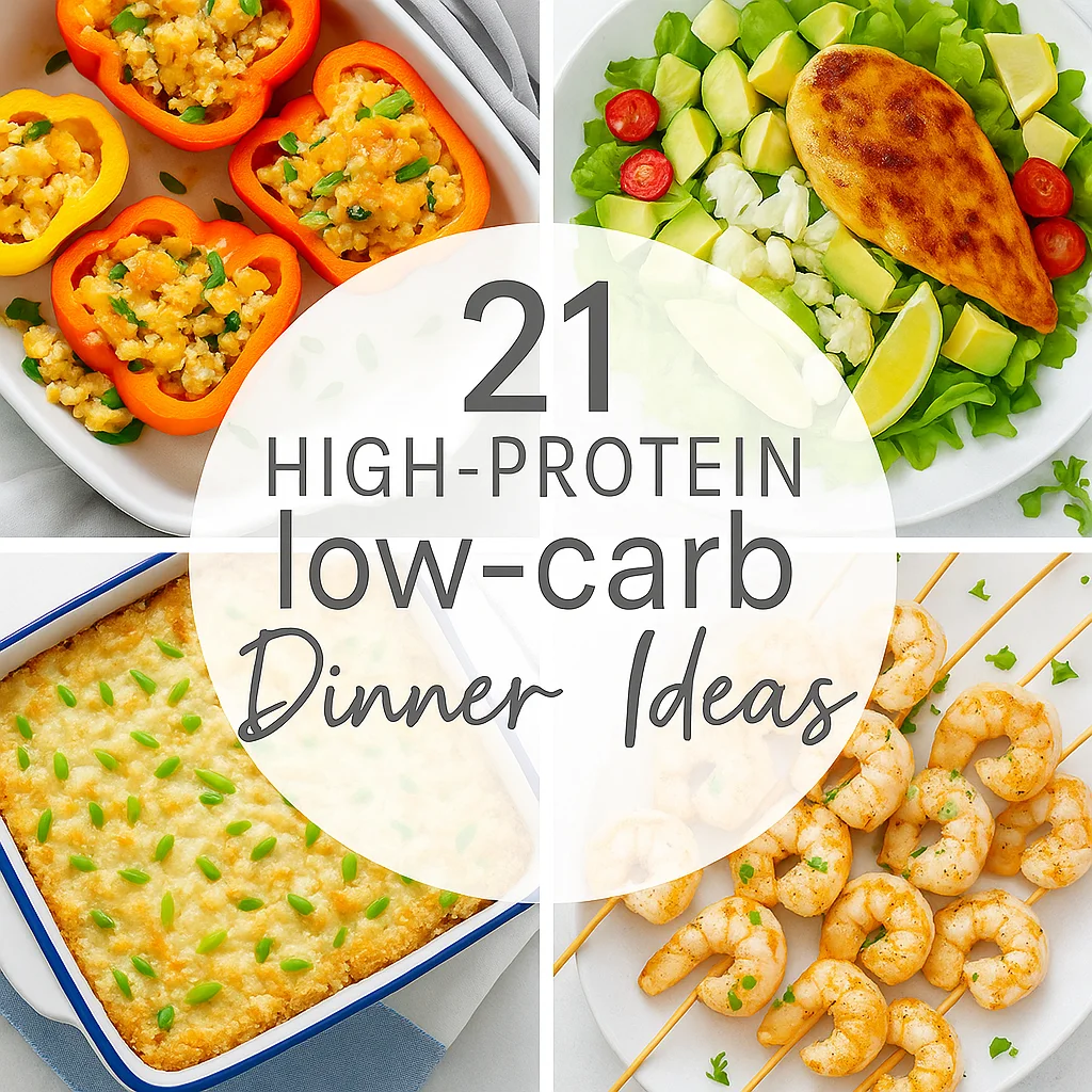 Collage of high-protein low-carb meals including stuffed bell peppers, grilled chicken salad, shrimp skewers, and cheesy cauliflower casserole with text overlay "High Protein Low Carb Recipes"