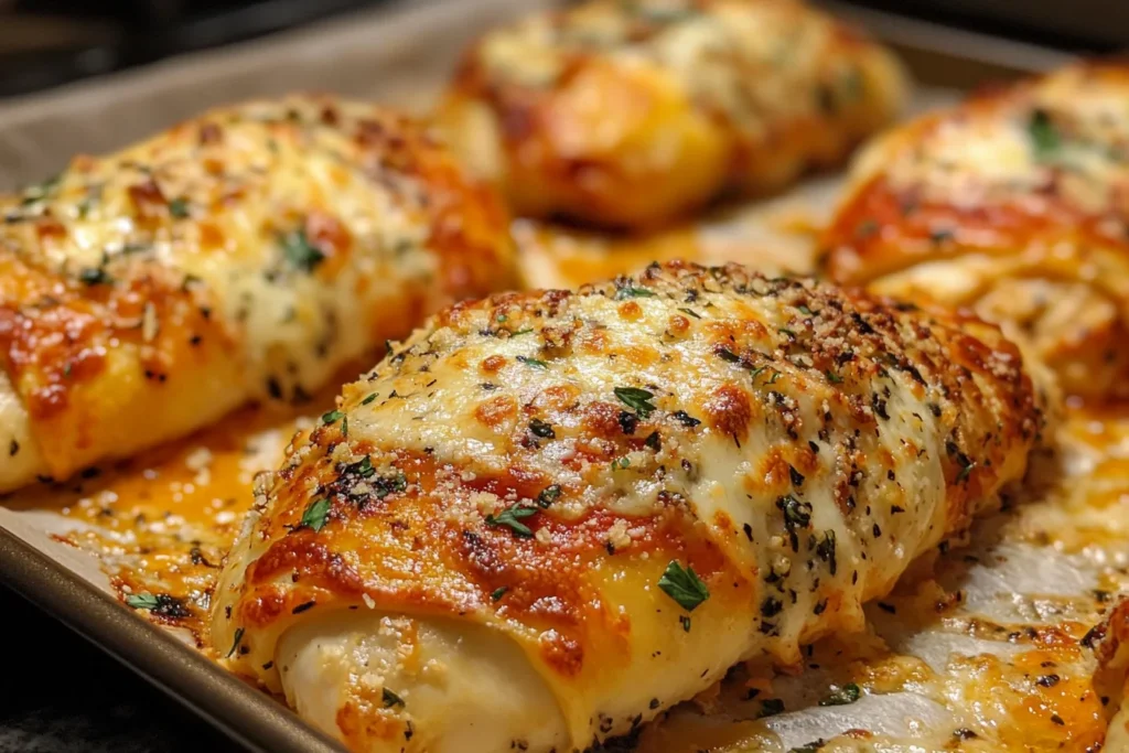Golden baked Chicken Parmesan Pillows on a tray