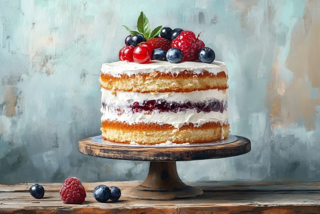 Decorated 2 tier cake with fresh flowers and fruit