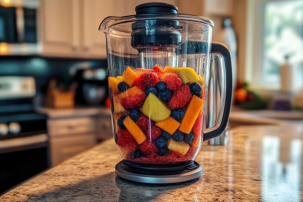 Blender with smoothie ingredients before blending