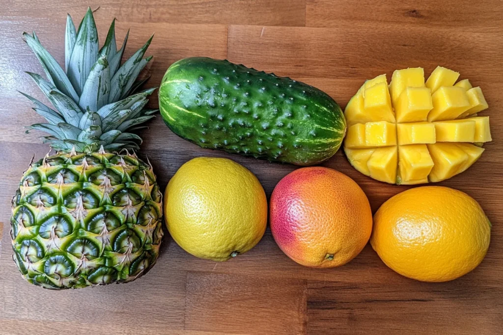 Fresh tropical fruits for Cancun juice on a wooden cutting board