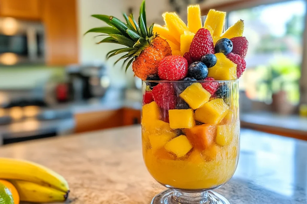 Blender full of chopped tropical fruits and lime juice