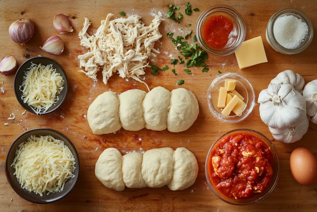 Ingredients for Chicken Parmesan Pillows on a wooden kitchen counter