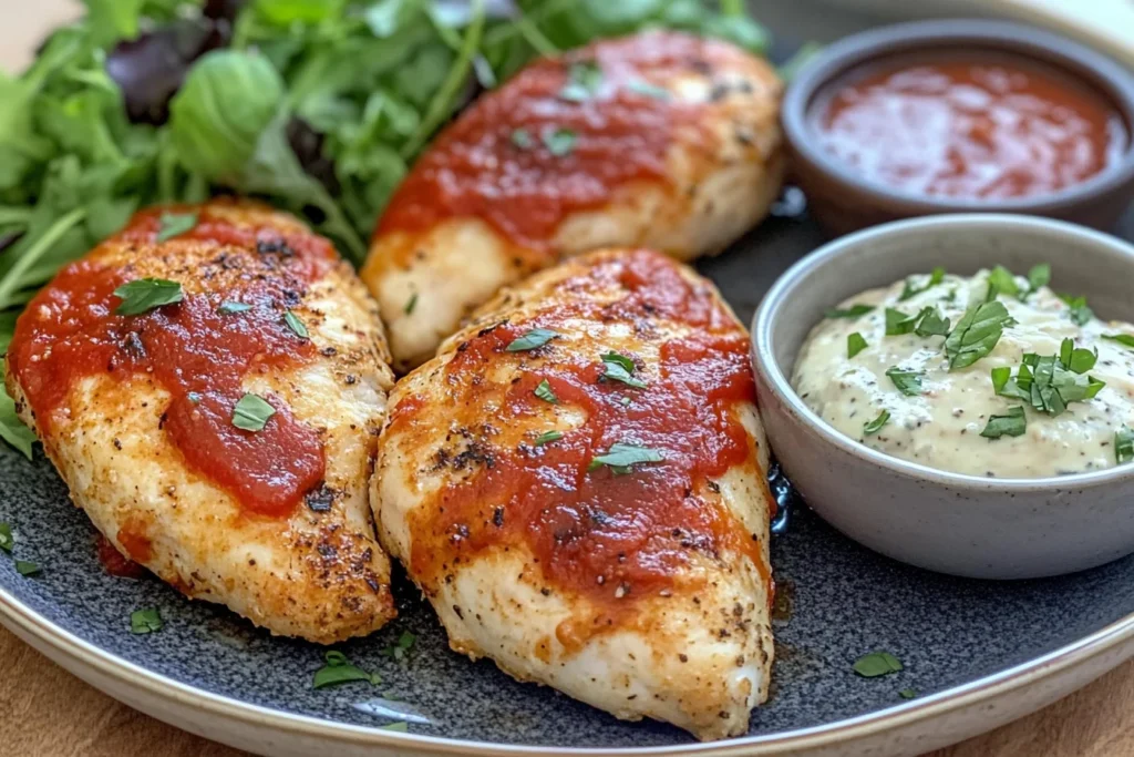 Chicken Parmesan Pillows served with salad and dipping sauce