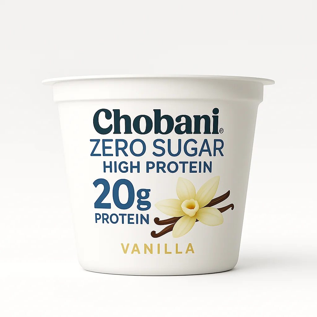 Chobani Zero Sugar high protein vanilla yogurt cup with 20g protein label and vanilla flower