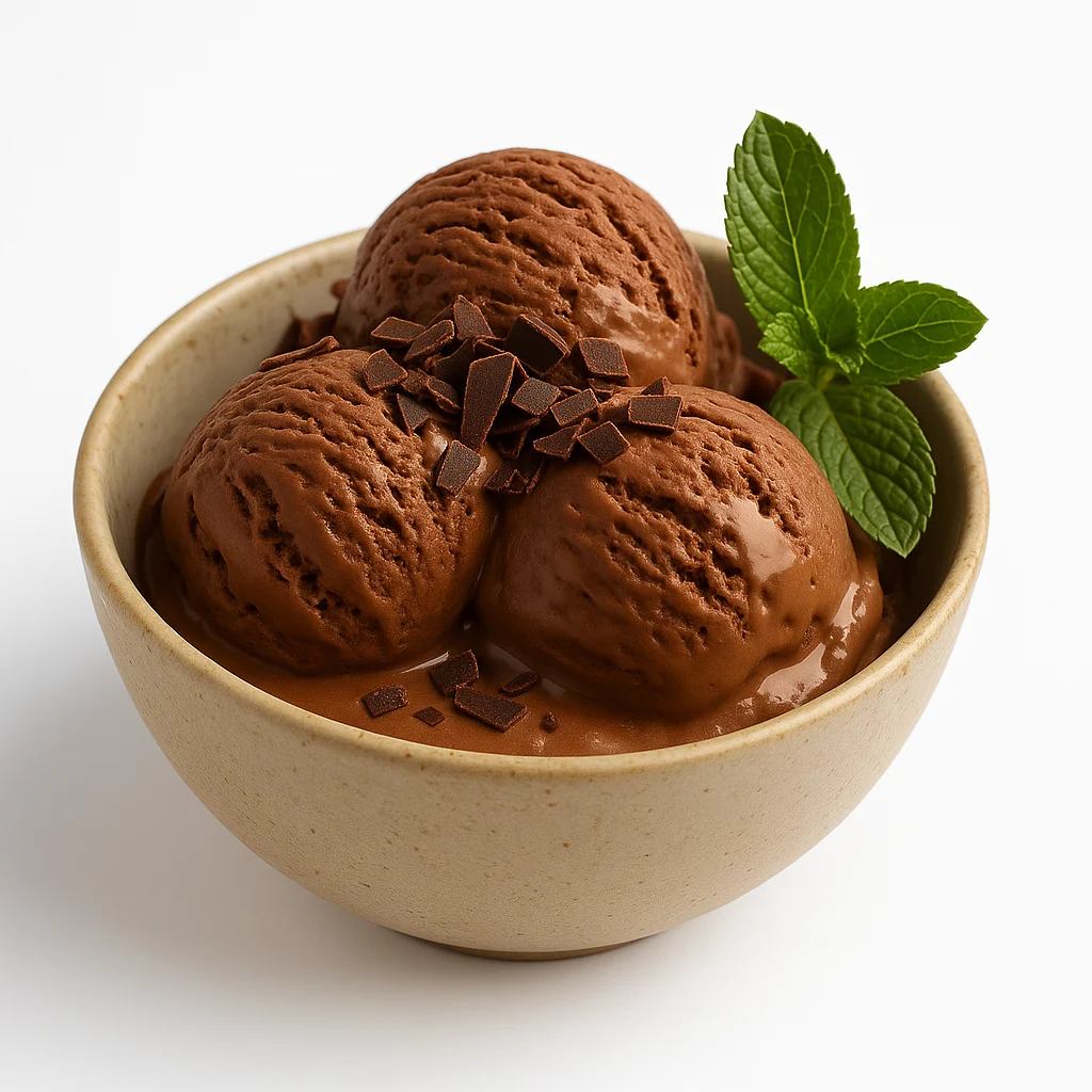 chocolate ice cream in a ceramic bowl topped with chocolate shavings and mint leaves