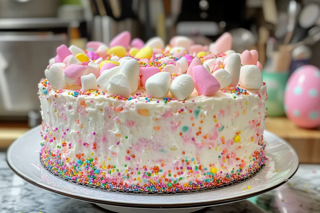 Topped Easter Bunny Poke Cake with sprinkles and candy