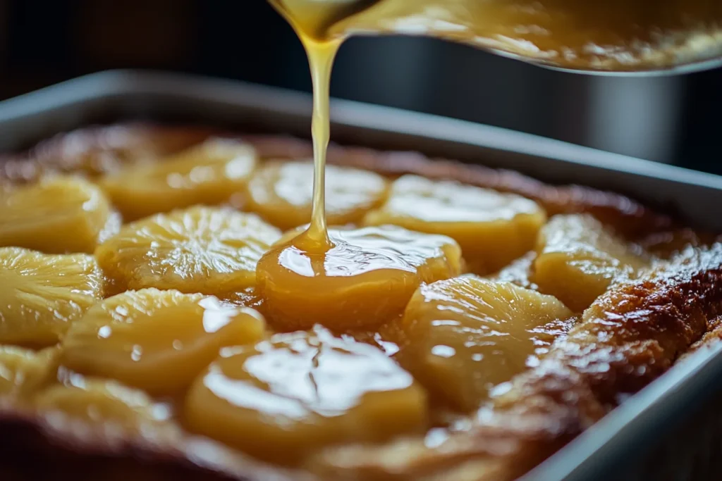 Pouring pineapple glaze over a freshly baked cake
