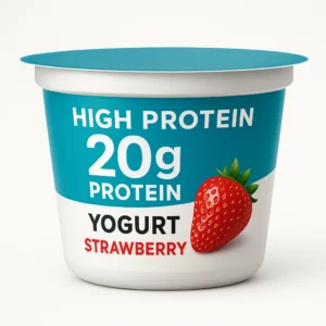 High protein strawberry yogurt container with 20g protein label on a white background