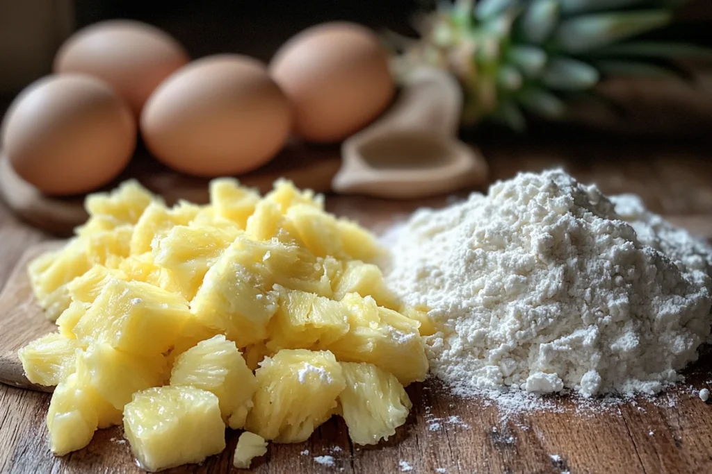 Pineapple Heaven Cake ingredients on a kitchen counter