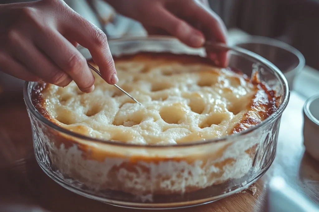 Poking holes into baked white cake in a 9x13 pan