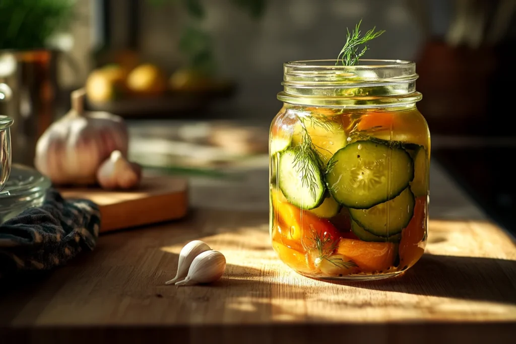 Jar of pickle juice with garlic cloves and dill