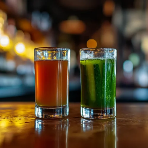 Whiskey shot next to a pickle juice chaser