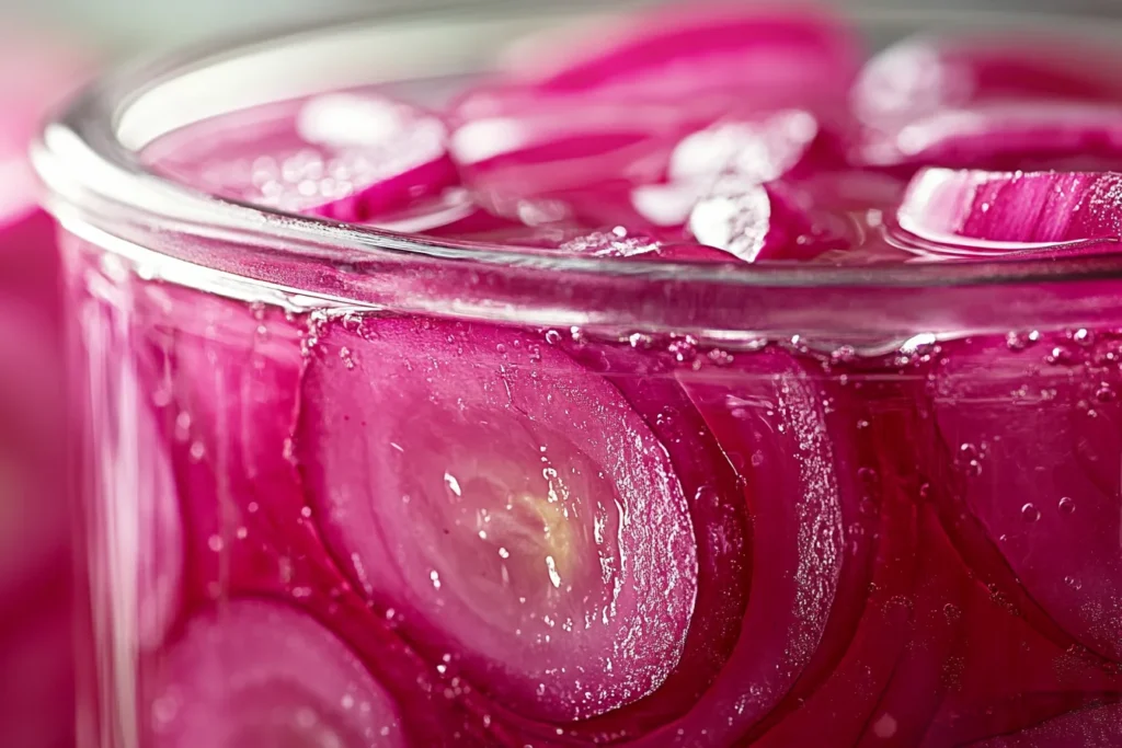 Sliced onions soaking in pickle juice