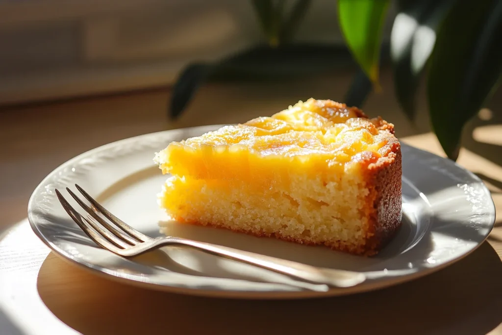 Slice of Pineapple Heaven Cake on a plate with a fork