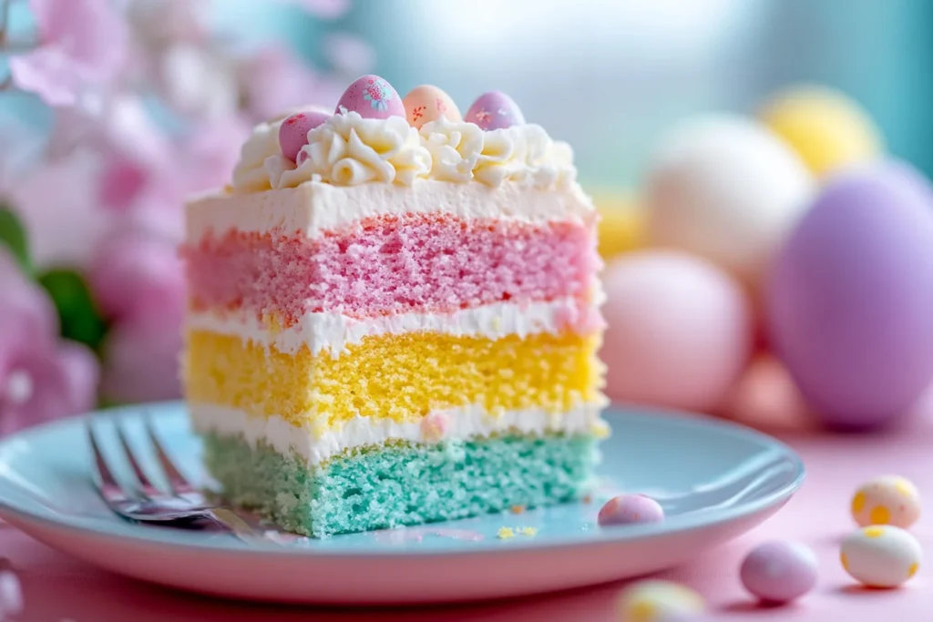 Sliced Easter Bunny Poke Cake on a dessert plate