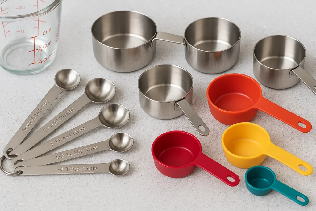 A neatly arranged set of kitchen measuring cups and spoons in stainless steel and colorful plastic, placed on a light speckled countertop with a glass measuring cup in the corner.