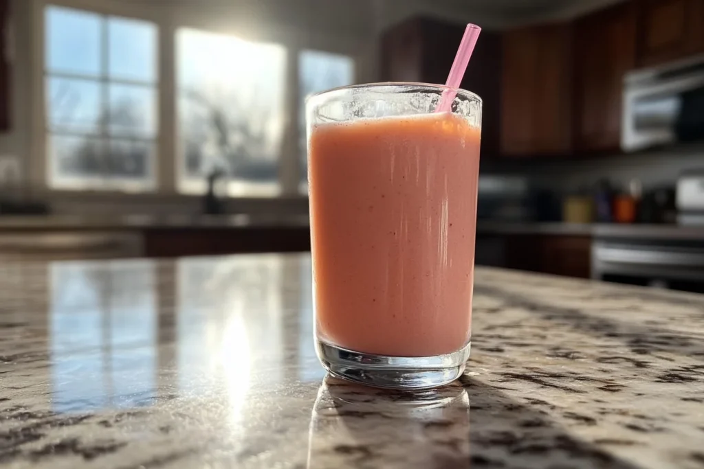 White gummy smoothie in glass with straw
