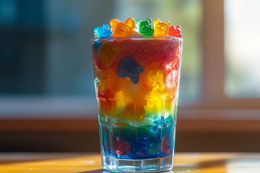 White gummy smoothie served with gummy bear garnish