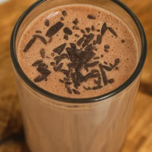 Close-up glass of creamy chocolate milk topped with dark chocolate shavings
