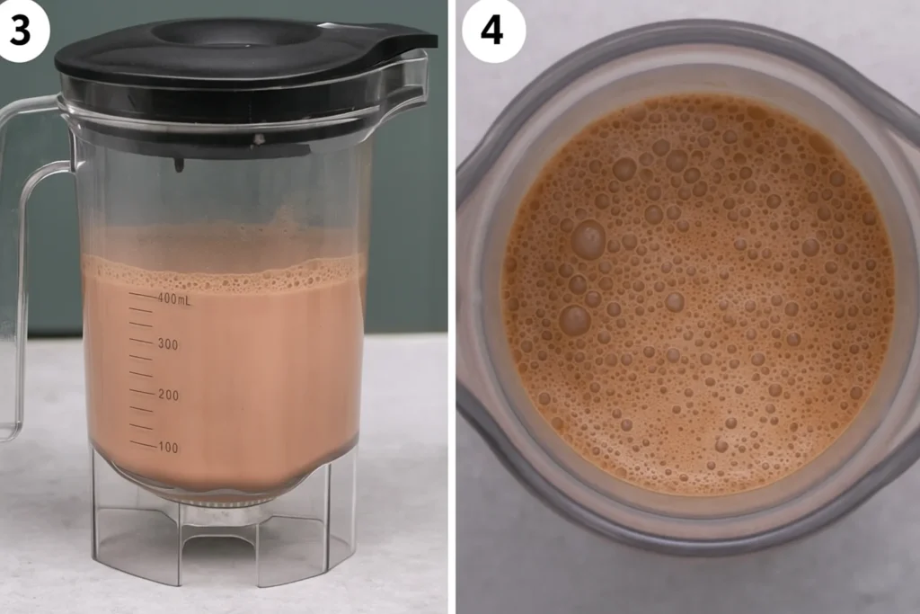Blender filled with blended chocolate milk and close-up view of frothy texture after mixing