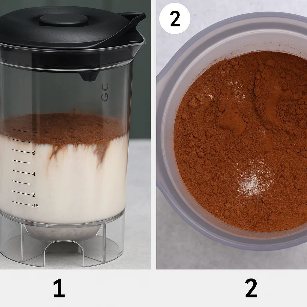 Step-by-step process of making chocolate milk: milk and cocoa powder in blender, dry mix with sugar in bowl