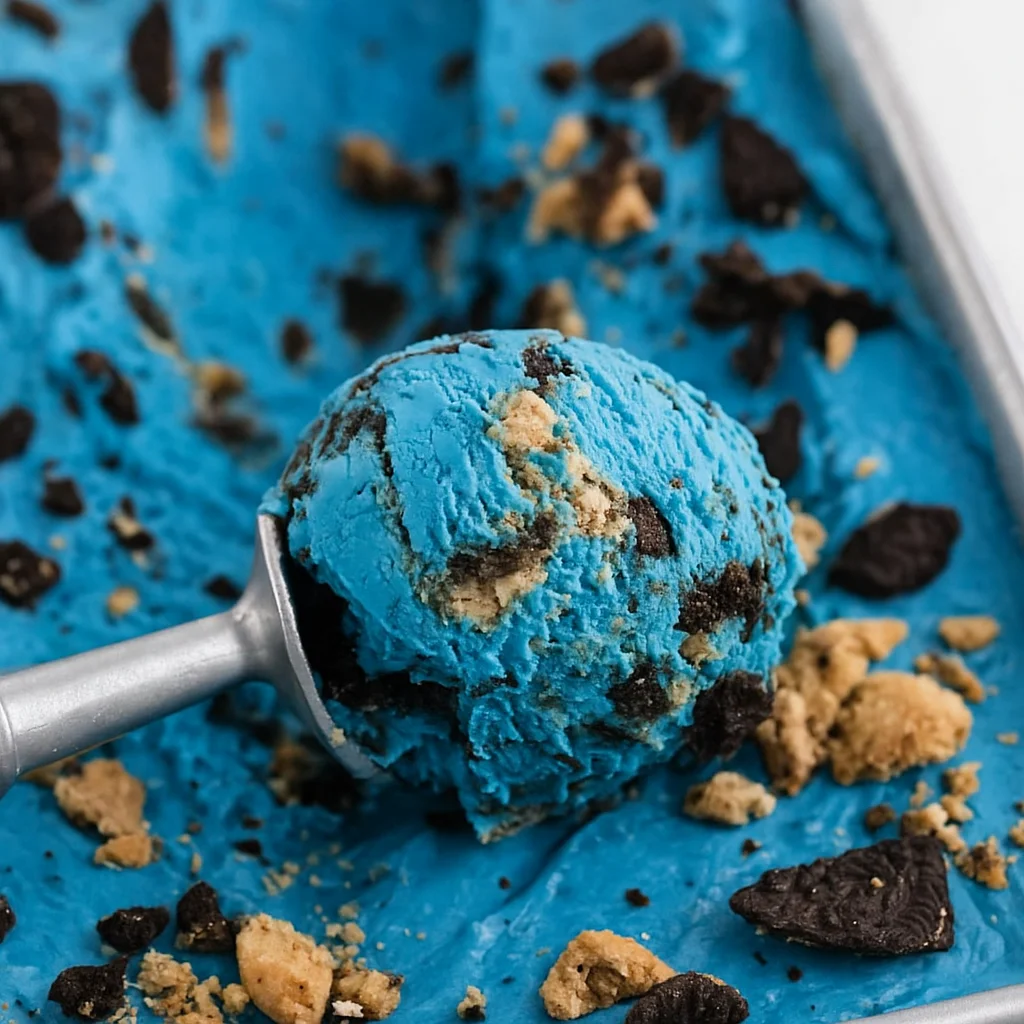 A scoop of bright blue Cookie Monster ice cream with Oreo and chocolate chip cookie chunks, served from a metal tray