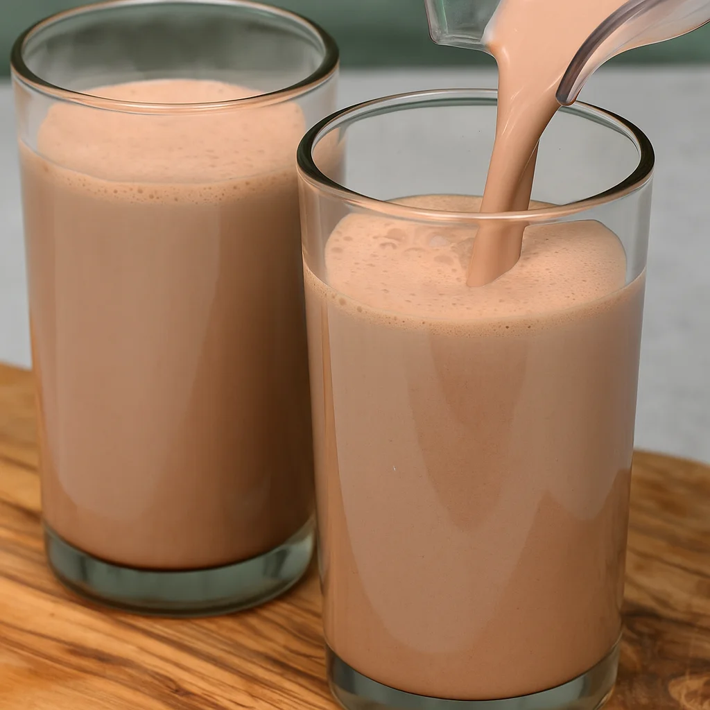 Pouring creamy chocolate milk into a glass beside another full glass on a wooden board
