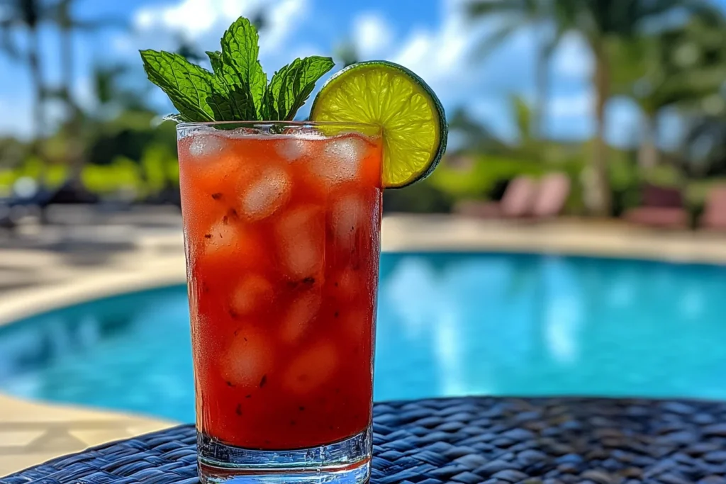 Glass of Cancun juice with ice, mint garnish and lime wedge